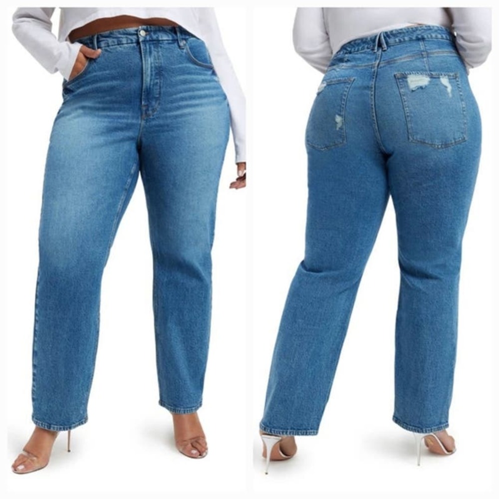 Good American Good 90s Blue Straight Jeans Women's NWT 12 Distressed Ankle